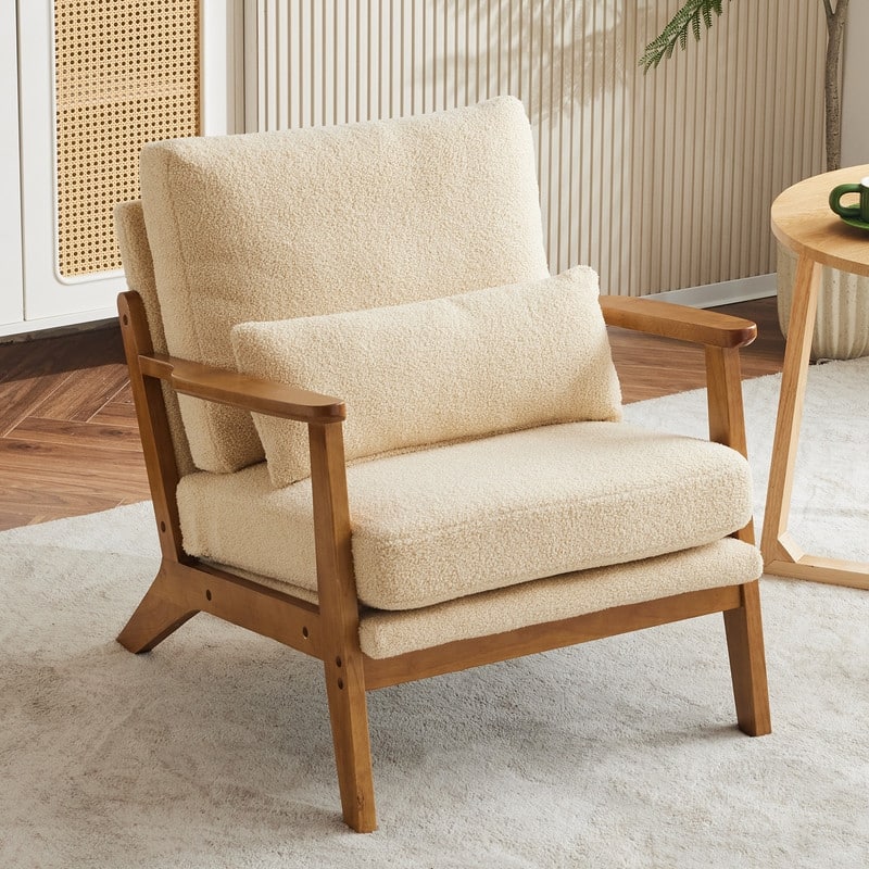 Upholstered Linen Blend Accent Chair with Wooden Legs and One Pillow Beige - Light Yellow