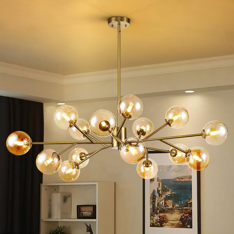 15-Light Modern Linear Sputnik Kitchen Island Light Branch Cluster Glass Globe Bubble Chandelier - Amber Glass - Gold