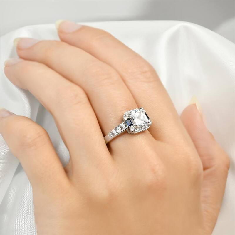 Sterling Silver Princess Cut Bridal Ring Blue Sapphire Cubic Zirconia