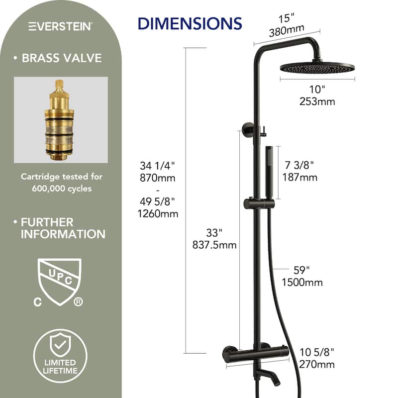 Height Adjustable Thermostatic Shower System with Tub Spout, 10" Rain Shower Head, Hand Shower, Brass Valve