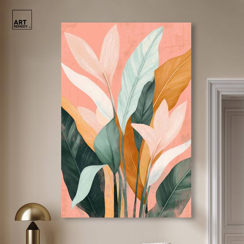 Peach and Palm Canvas by Art Remedy, Gallery Wrapped