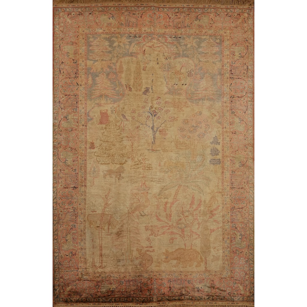 Hand Knotted Traditional Silk Yellow Animal Pictorial Area Rug - 5' 10'' X 4' 0''