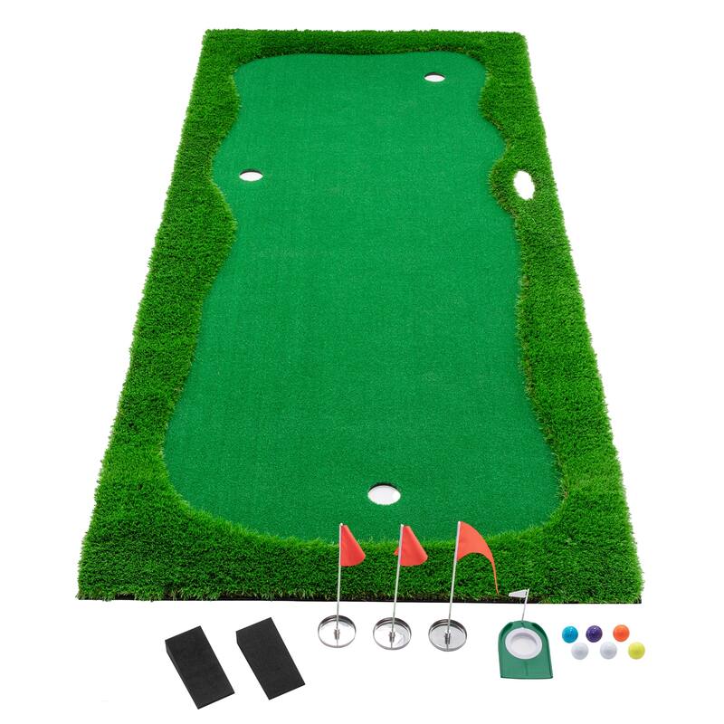 Green Golf Putting, Golf Training Mat with High-quality Turf, 3 Holes, 3 Flags and Cups for Indoor & Outdoor