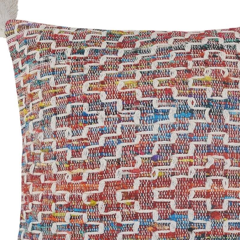 20" Red Blue And Natural Geometric Polyester Blend Throw Pillow Cover with Tassels