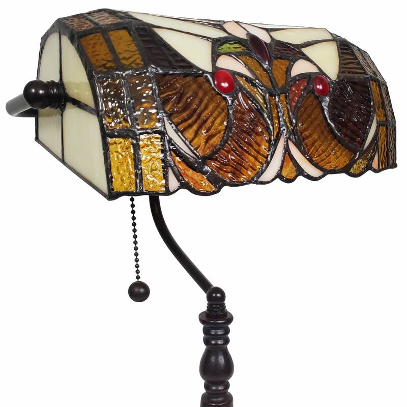 HomeRoots 16" Tiffany Style Brown and Orange Banker Desk Lamp - 13X19X11