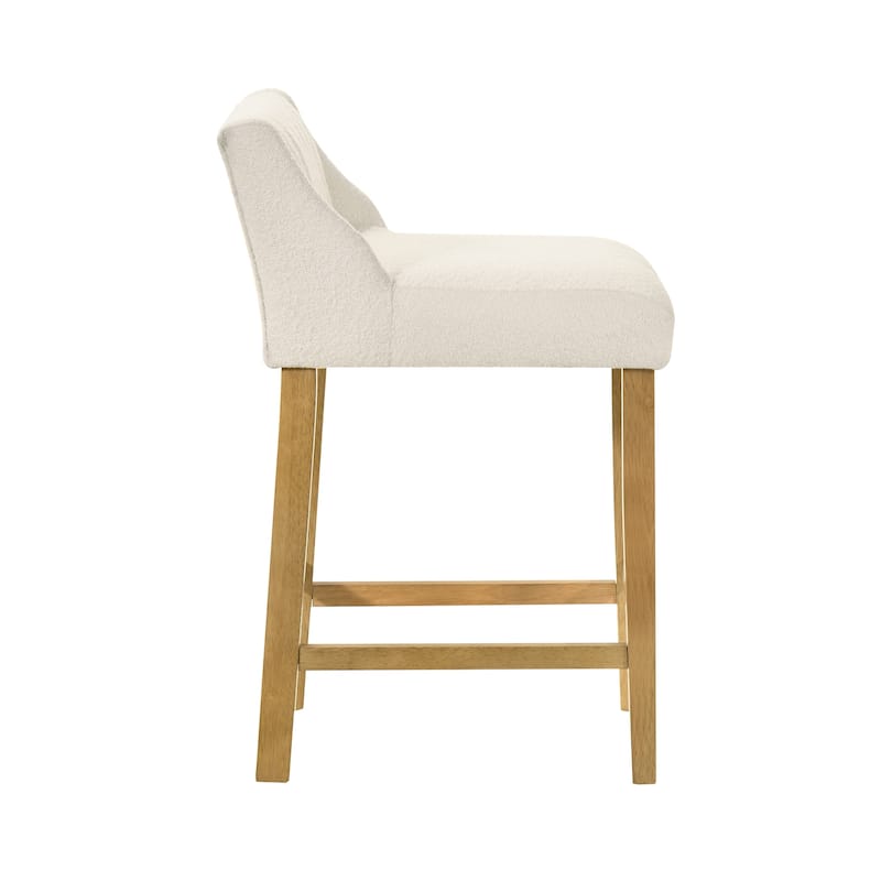 Fauna Low-Back Boucle Bar Stool, Upholstered Counter Height Kitchen Barstool with Wood Legs