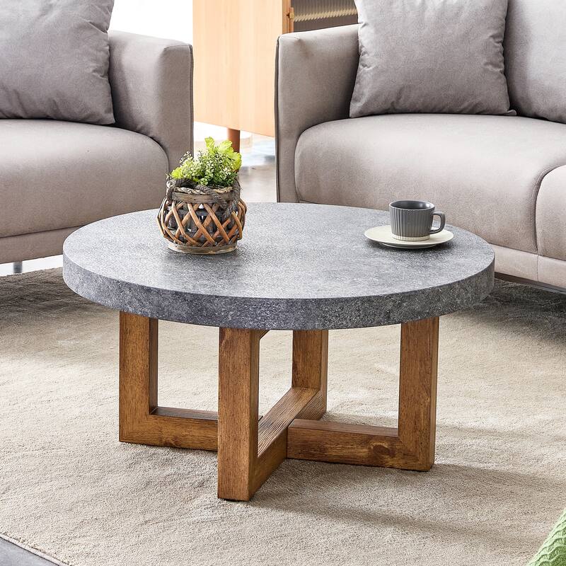 Modern Retro Round Coffee Table with Gray Textured Stickers and Anti-Slip Mat Wood Grain Table Legs, for Living Room