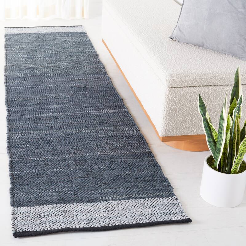 SAFAVIEH Handmade Vintage Boho Leather Nichelle Modern Stripe Leather - 2' 3" x 4' - Grey/Silver - Runner/Rectangle