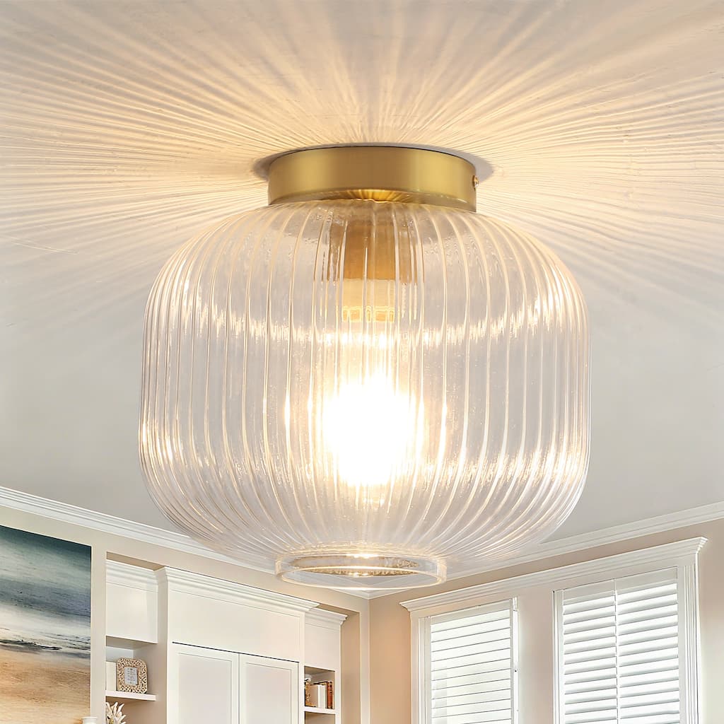 1-Light Mid-Century Modern Ribbed Glass Flush Mount Light