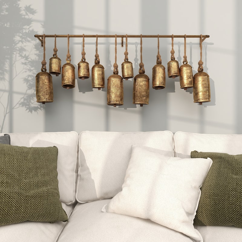 Bronze or Gray Metal Tibetan Inspired Decorative Cow Bell with Jute Hanging Rope and Rod