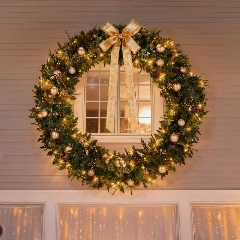 4Pre-lit Christmas Wreath with Warm White Lights and DIY Ornaments for Front Door Gate Wall Xmas Party Decorations