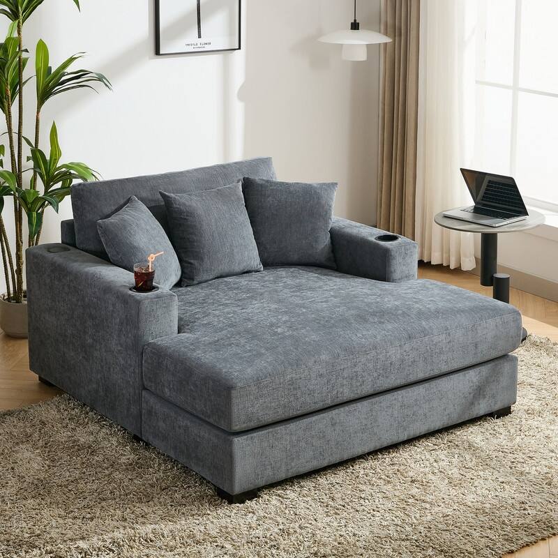 Chenille Fabric Oversized Chaise Lounger, 39.7''/43.5''/55'' Chair Bed Sofa Couch with Pillows, Charge Station & Cup Holders - 55'' - Blue-Grey
