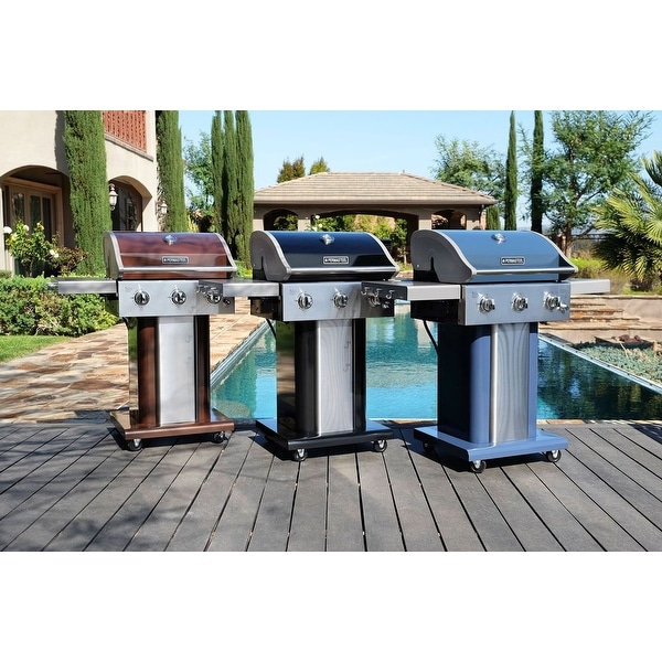 Permasteel 3 burner grill with folding side shelves. Opens flyout.