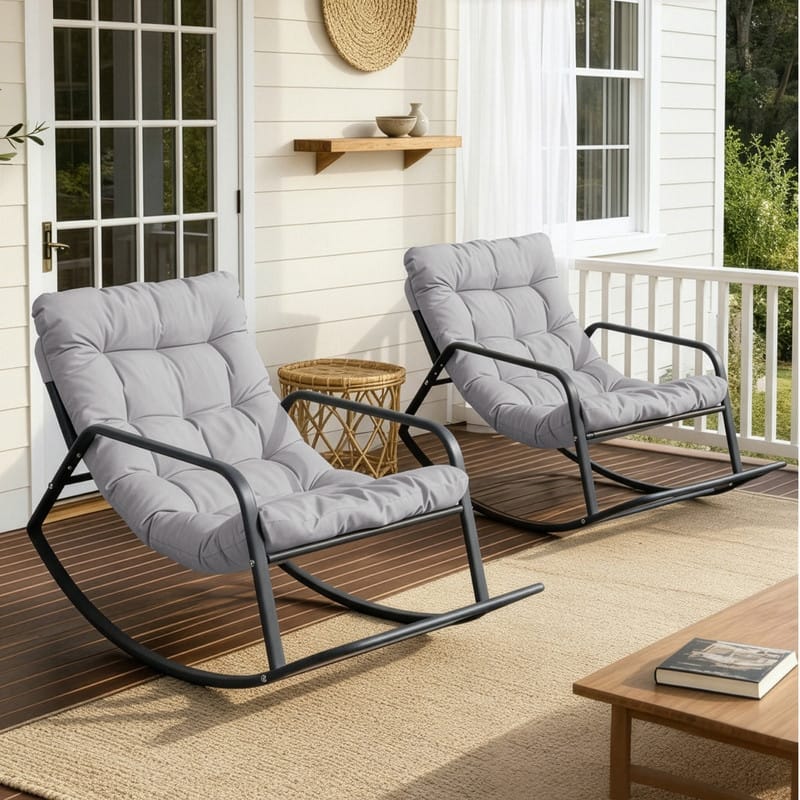 Oversized Outdoor Papasan Rocking Lounge Chair with Thick Cushion, Heavy-Duty Metal Patio Rocker Recliner, 450 lbs Capacity - Gray / 2 PCS