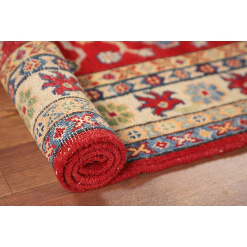 Red Geometric Kazak Oriental Accent Rug Bathroom Handmade Wool Carpet - 2'10" x 4'1"