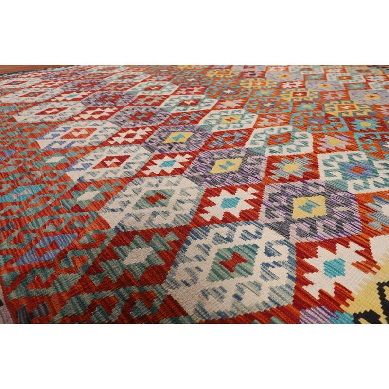 Reversible Kilim Area Rug Hand-Woven Geometric Oriental Wool Carpet - 8'1" x 9'9"