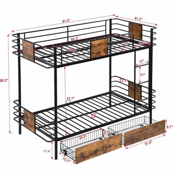 dimension image slide 1 of 2, Twin XL over Twin XL Metal Bunk Bed with MDF Board Guardrail and Two Storage Drawers