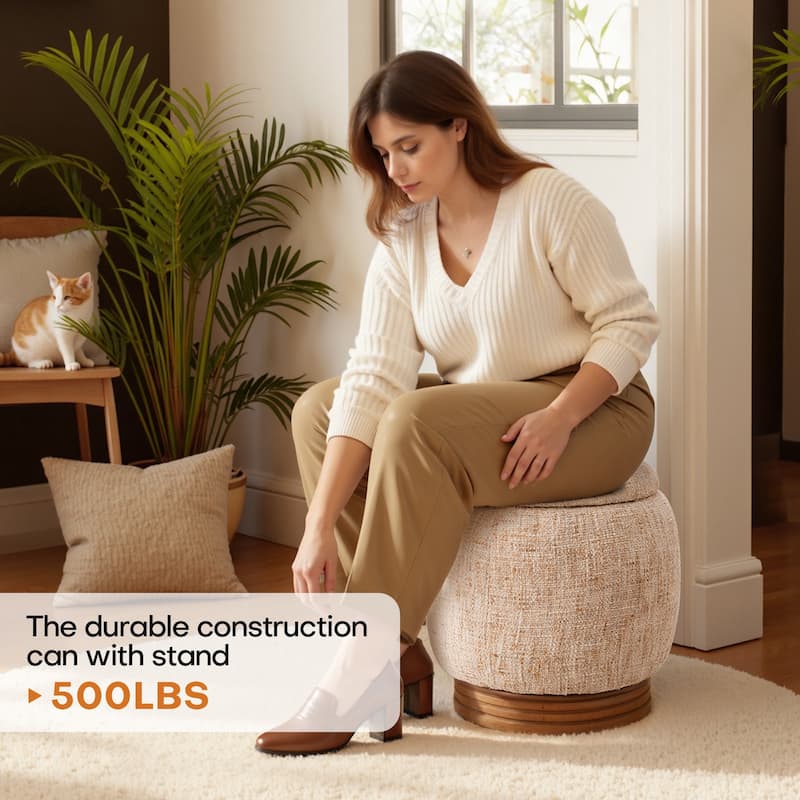 Round Storage Pouf Ottoman Footstool with Flip-top and Acacia Frame