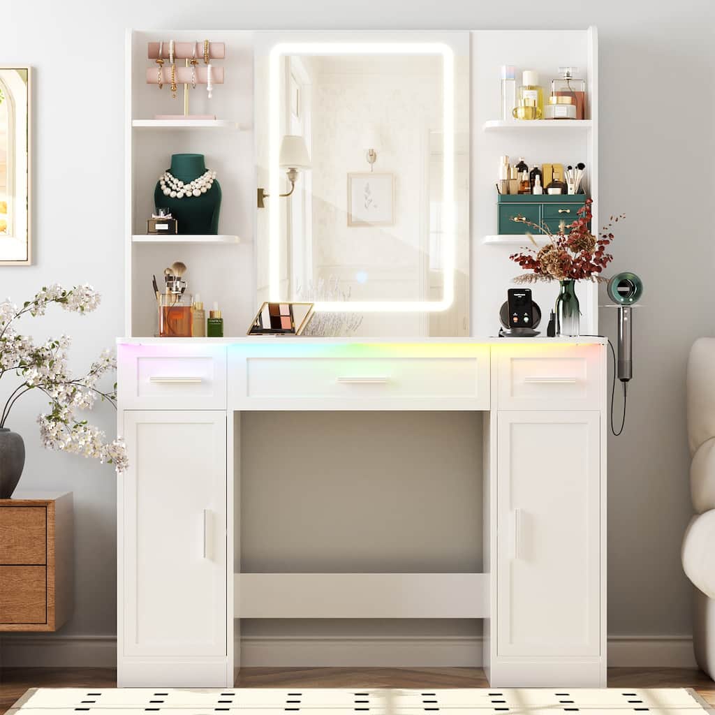 Modern Farmhouse Vanity Table with LED Mirror, Makeup Vanity Desk with Drawer, Cabinet, and Shelves