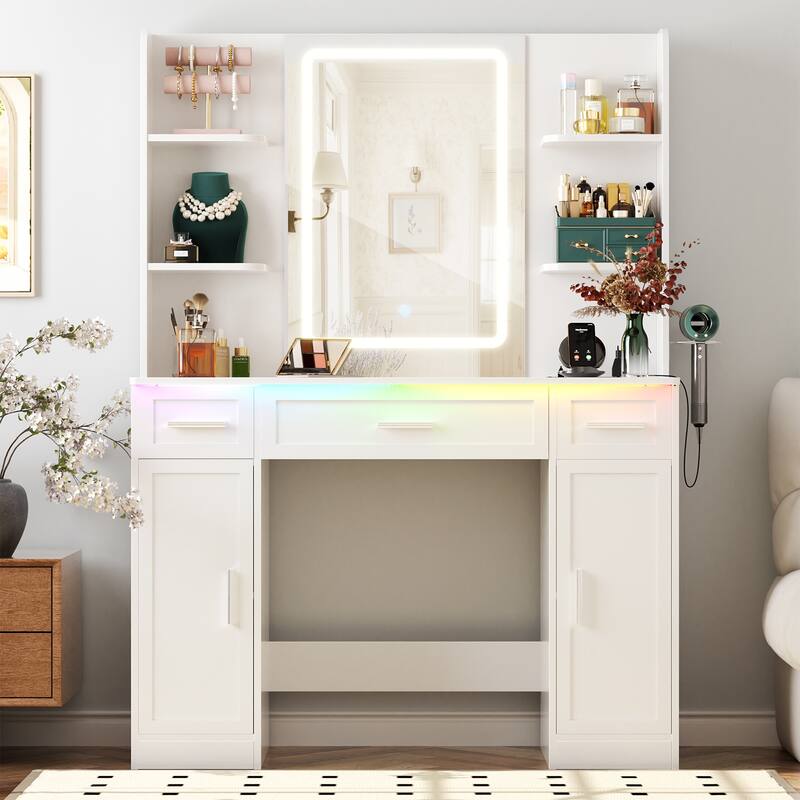 Modern Farmhouse Vanity Table with LED Mirror, Makeup Vanity Desk with Drawer, Cabinet, and Shelves - White