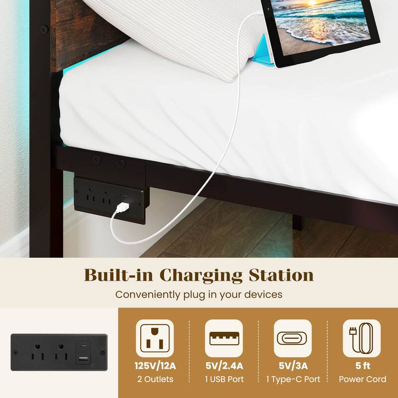 Costway Full Size Bed Frame with Built-in Charging Station Sturdy