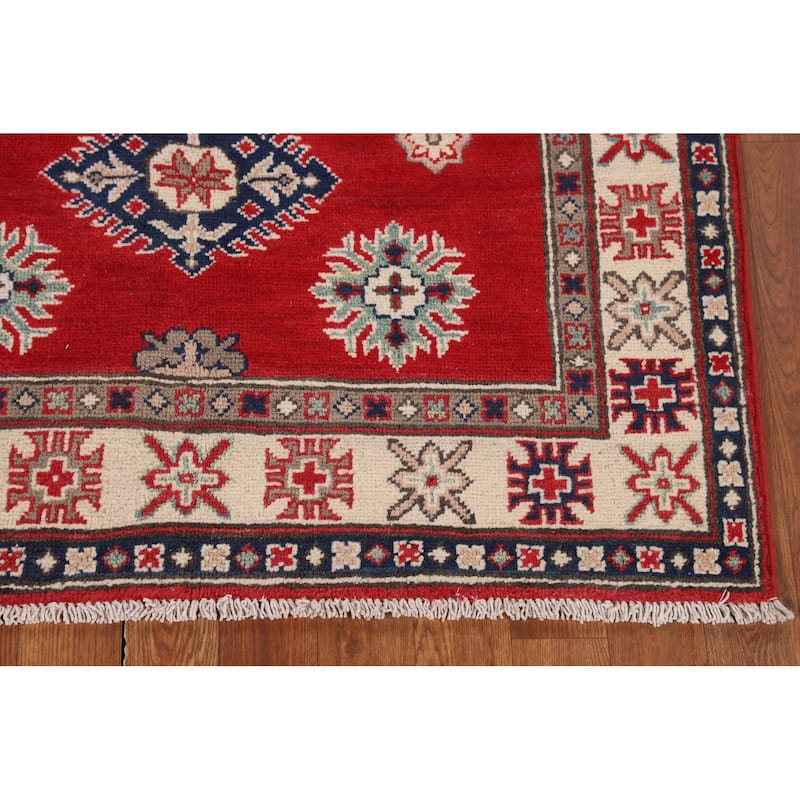 Kazak Accent Rug Hand-Knotted Red Geometric Wool Carpet - 3'4" x 5'0"