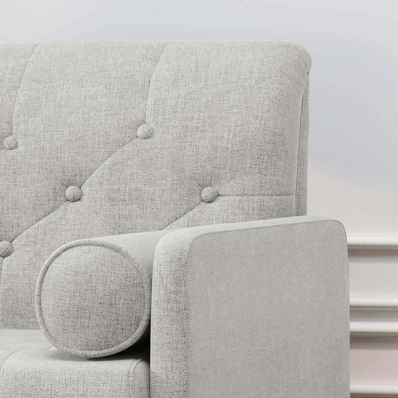 Light Grey Modern 38.25" Upholstered Button Tufted Club Chair with Bolster Pillows and Rubber Wood Legs
