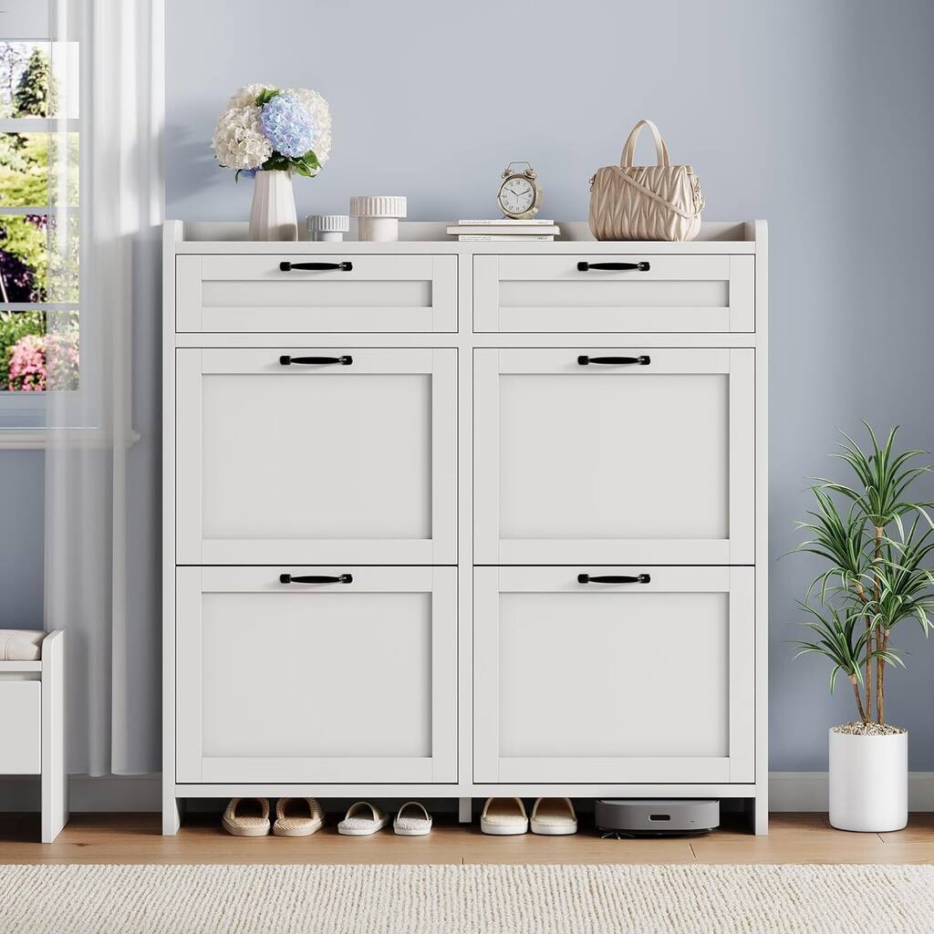 Freestanding Shoe Storage Cabinet Organizer with 4 Flip Drawers for Entryway Hallway Living Room