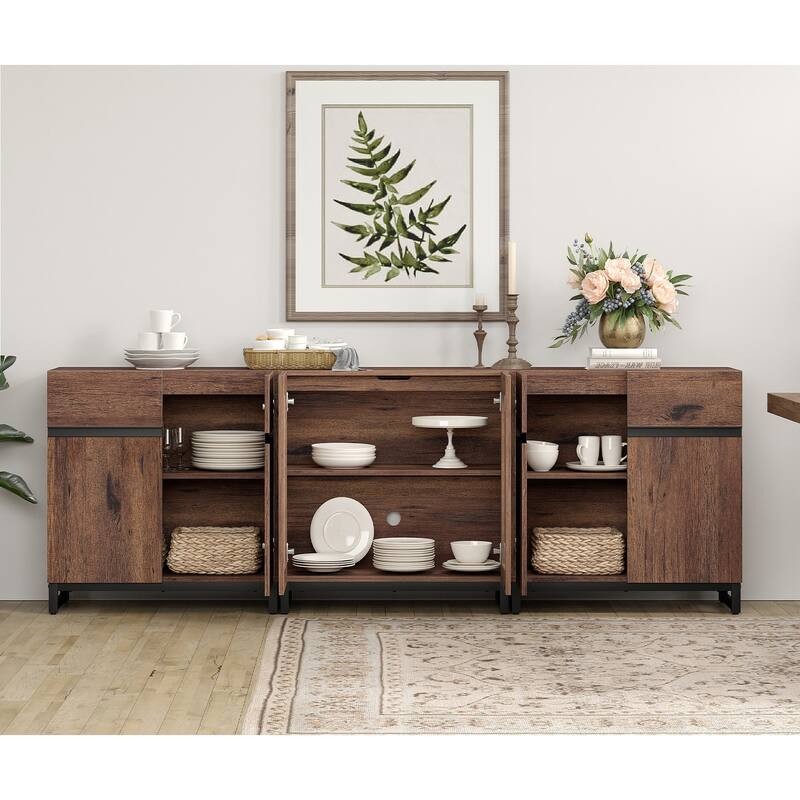 WAMPAT Modern Sideboard with Adjustable Shelves, 3 in 1 Storage Cabinet with Glass Doors, Coffee Bar Cabinet for Kitchen