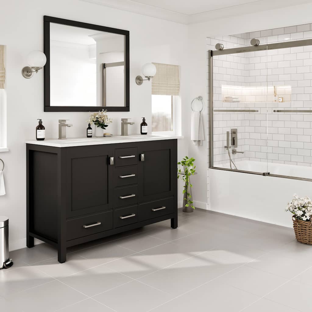 Eviva London 48"W x 18"D Espresso Double Sink Bathroom Vanity with White Carrara Quartz Vanity Top - 48"
