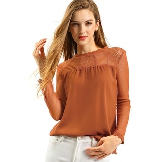 Women's Lace Floral Panel Long Sleeves Peasant Blouse Crew Neck Chiffon Top Shirt