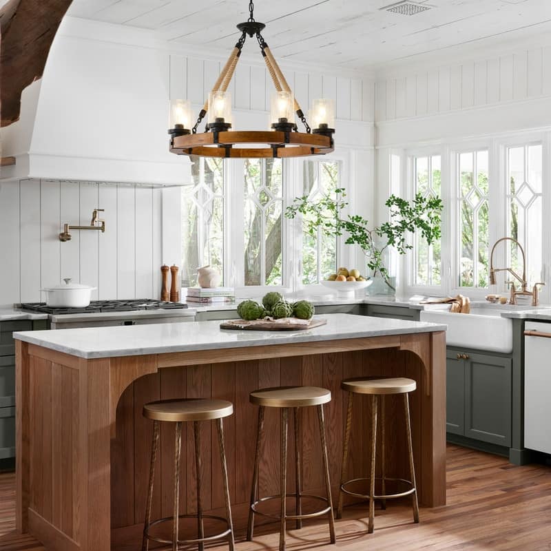 Farmhouse Wagon Wheel Chandelier Round Wood Pendant Lighting Fixture for Dining Room