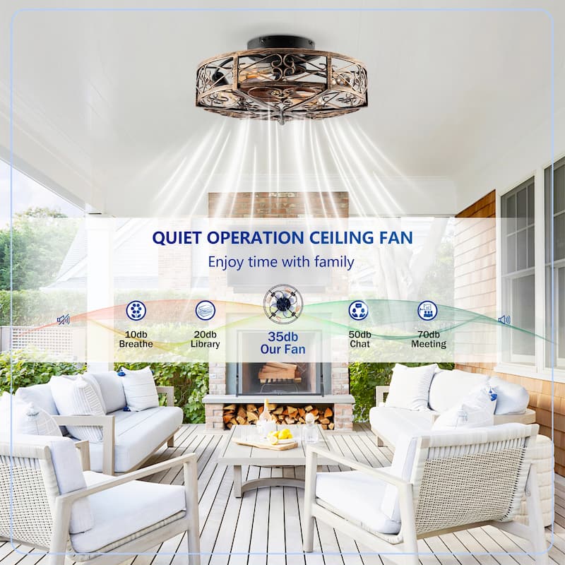 Cusp Barn 20'' Industrial Flush Mount Ceiling Fan with Lights and Remote, Rustic Reversible DC Motor 6 Speeds Caged Ceiling Fan