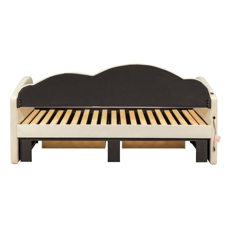 Cloud-Shaped Backrest Daybed, Twin To King Extendable Sofabed, Velvet Upholstered Platform Bed Frame with 2 Arc Armrests
