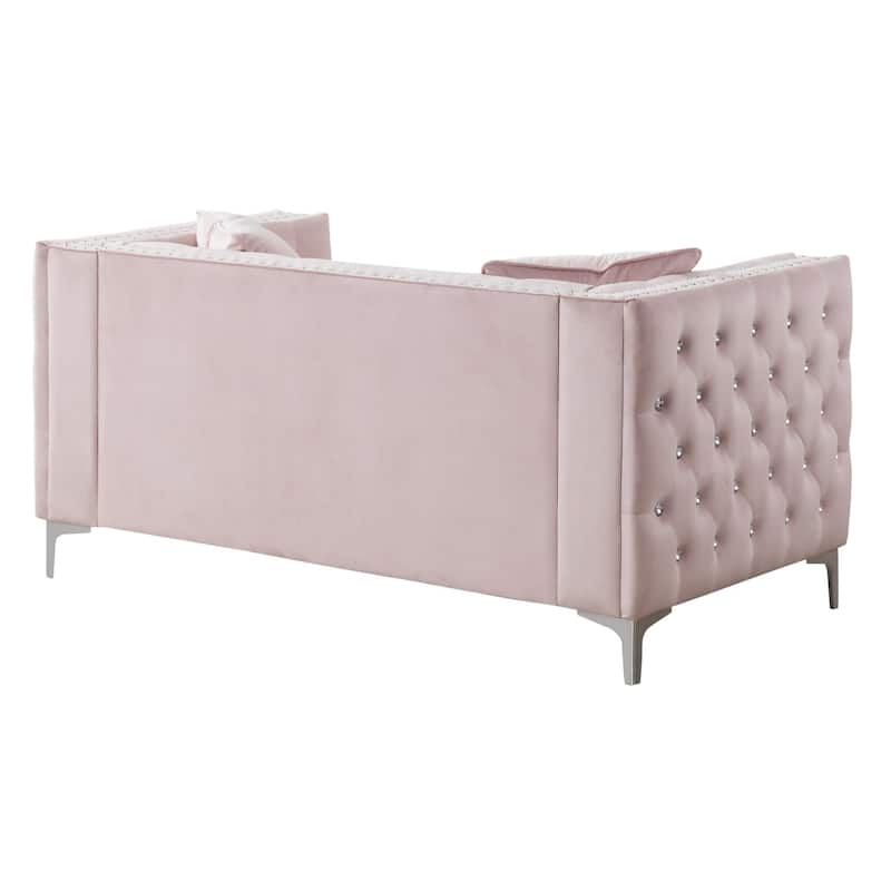 Jewel Tufted Nailhead Trim 2-Seater Sofa with Throw Pillows - 63" - Pink