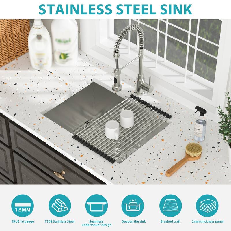 24 Inch Undermount Single Bowl 16 Gauge Stainless Steel Kitchen Sink in Brushed Nickel - 24'' x 18'' x 12''