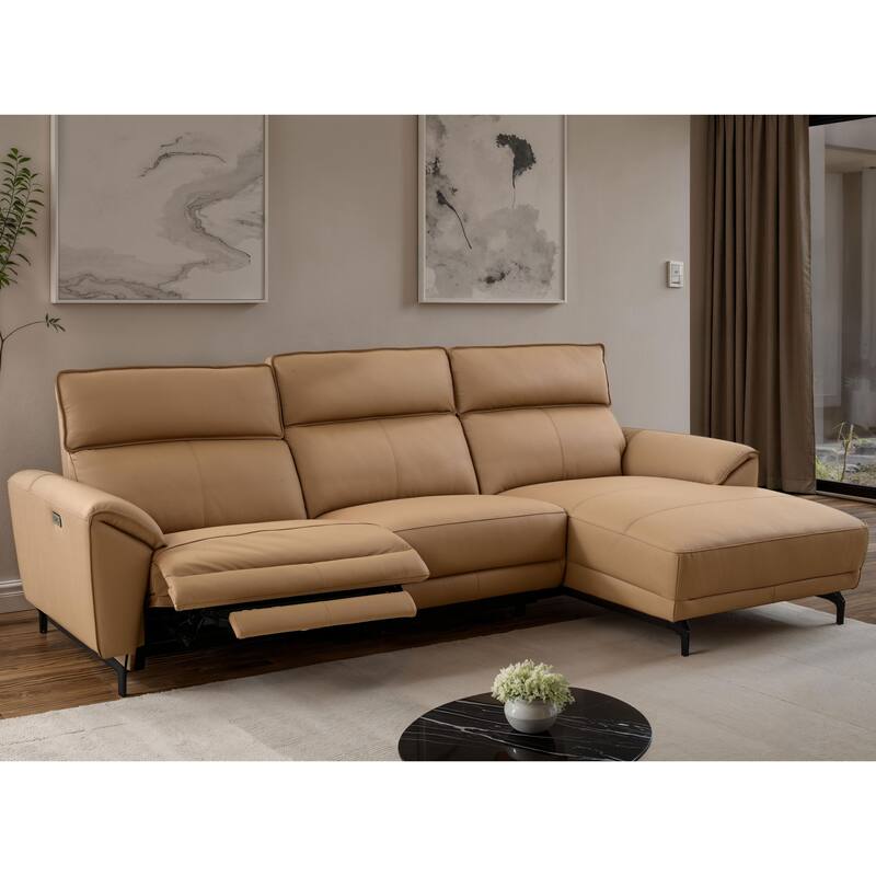 Furniture of America Fynae Modern Leather L-Shaped Sectional Recliner with Chaise and USB Ports - Light Brown - Right Facing