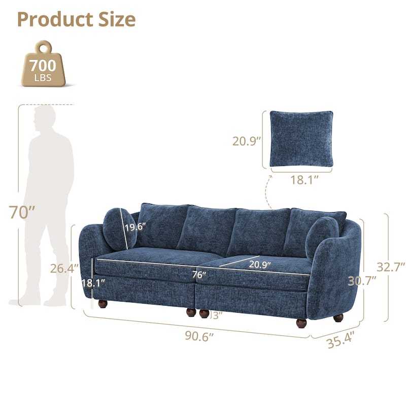 90.6" Chenille Upholstered Sofa with 6 Pillows, Modern 3-Seater Sofa Couch for Living Room Bedroom Apartment, White