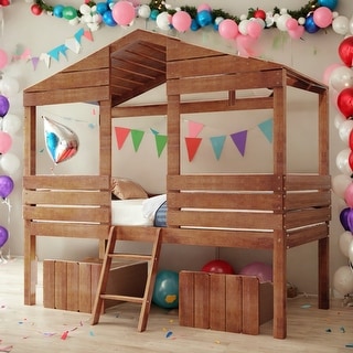 Twin Size Low Loft Wood House Bed with Two Drawers, Walnut - Bed Bath ...