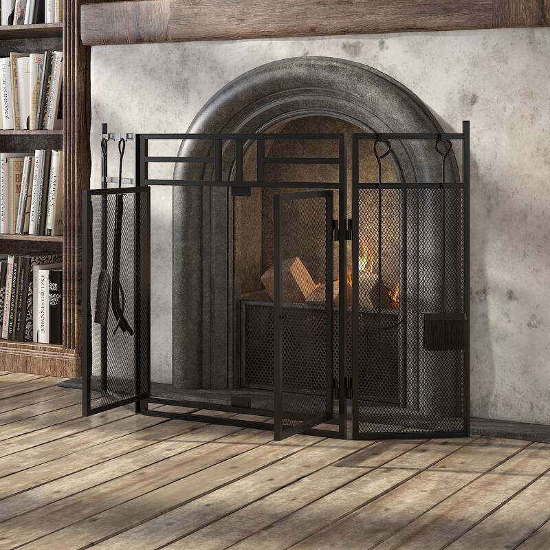 3-Panel Fireplace Screen with Doors and Tools Set, Wrought Iron Mesh Spark Guard for Indoor Fireplace Safety