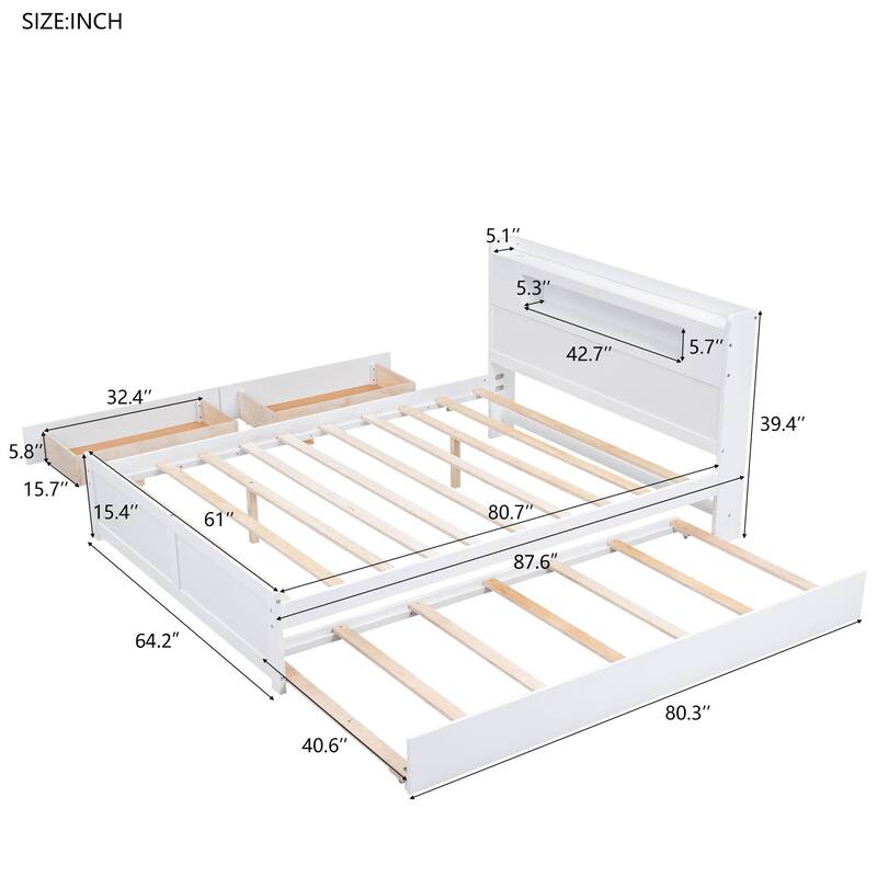 Roomfitters Queen Size Storage Platform Bed with LED Headboard, 2 Drawers and Twin Trundle, Space-Saving