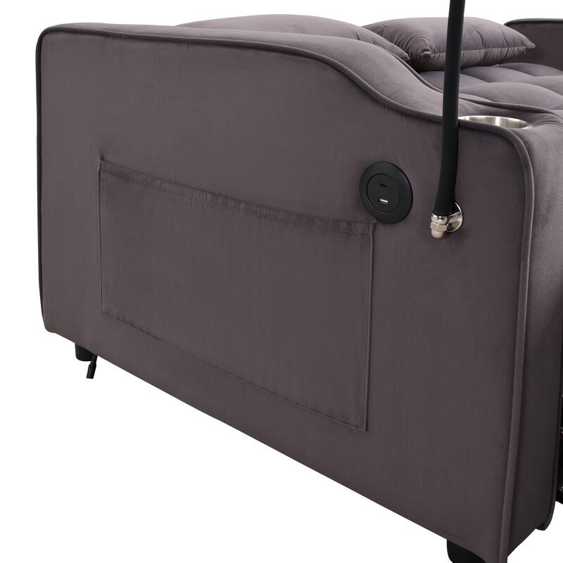 Convertible Sofa Bed with Holders, Velvet Loveseat with Reclining Backrest, Small Sofa with Toss Pillows and Pockets