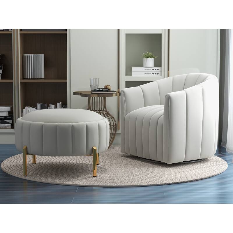 SEYNAR Contemporary Tufted Velvet Swivel Club Chair with Ottoman Set - Beige