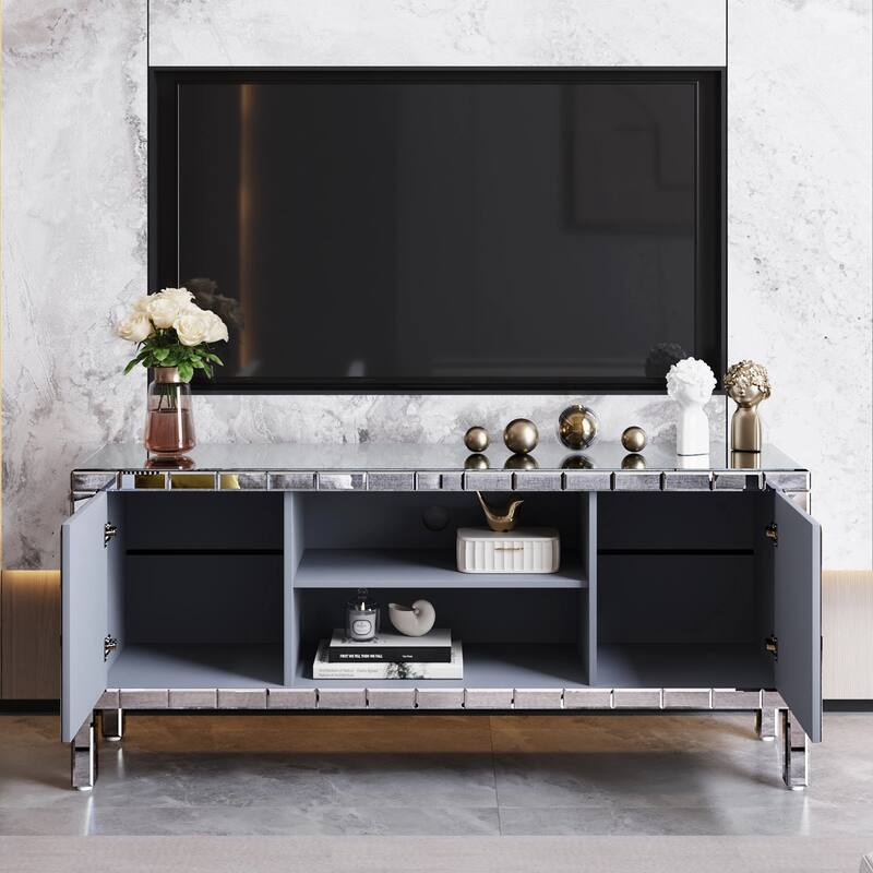 GDFStudio - Crystaluxe Modern Mirrored Media Entertainment Center with Crushed Diamond Glass Doors for 65-Inch TVs