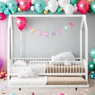 Twin Size House Bed with Semi-enclosed Fence and Twin Size Trundle