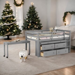 Twin Size Wooden Loft Bed with Shelves, Desk and 4 Drawers, Grey