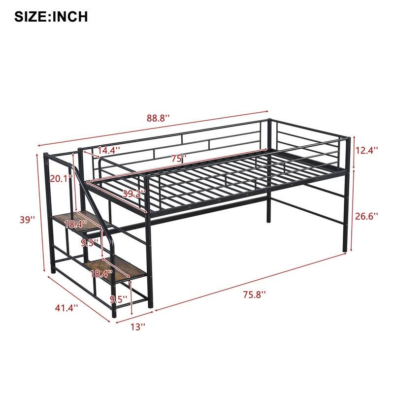 Twin Size Mid Loft Bed with Storage Stairs, Heavy Duty Metal Loft Bed Frame with Guardrails, Kids Playhouse Bed with Slats