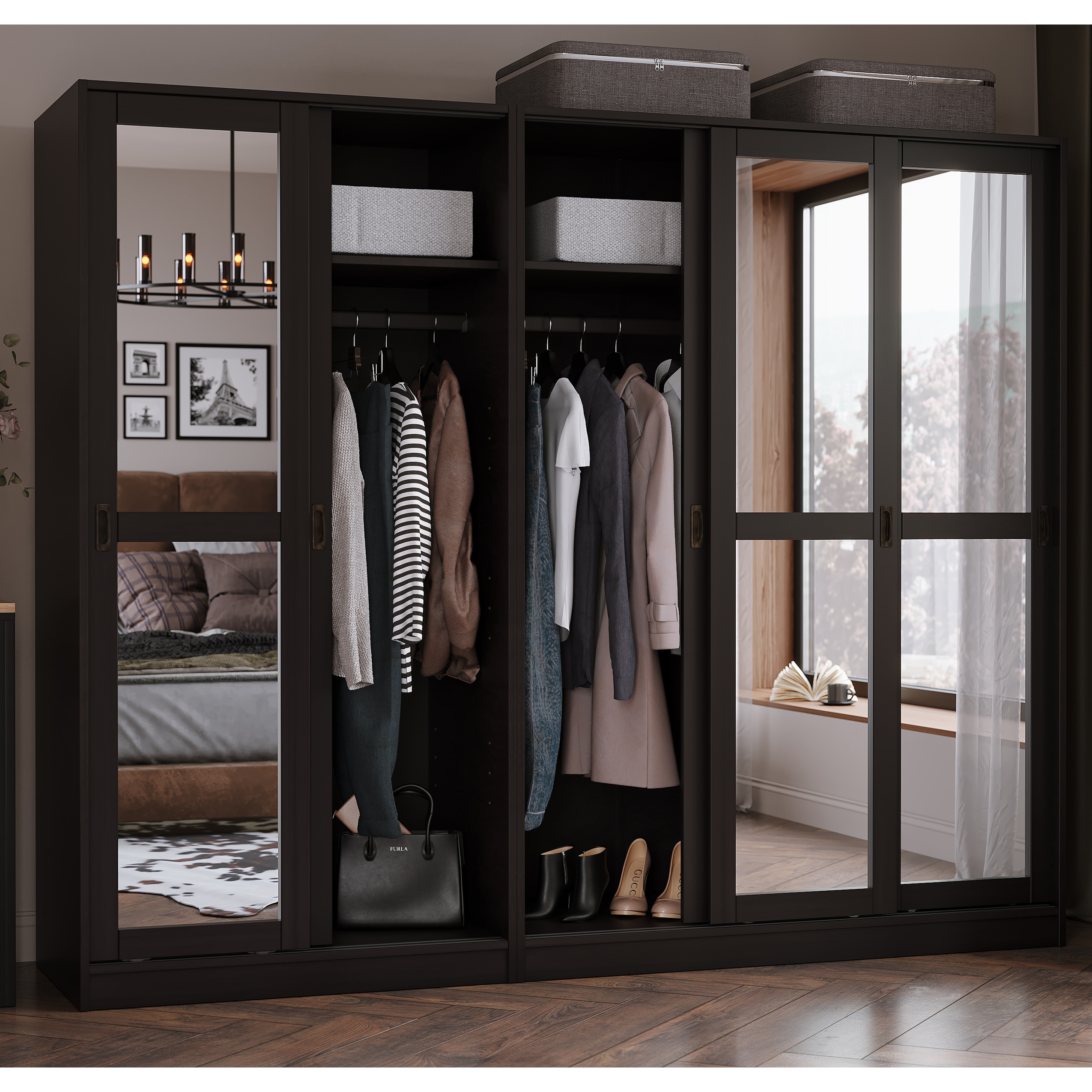 Palace Imports 100% Solid Wood Wall Closet System of Wardrobe Armoires with Mirrored, Louvered or Raised Panel Sliding Doors - 88-Java-Mirrored