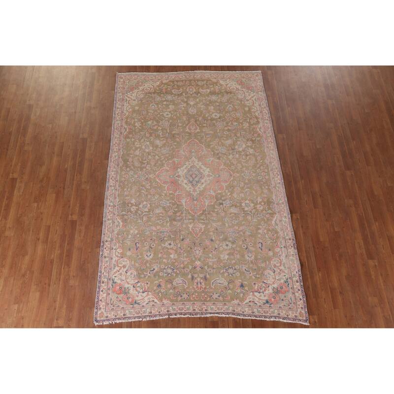 Hand Knotted Oriental 100% Wool Carpet Traditional Floral Green Mashad Area Rug - 9' 7'' X 6' 0''