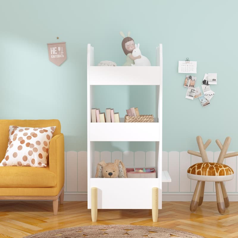 Kids Bookshelf Chalkboard Side Bear Shaped Wooden Bookcase 3 Tier Storage Drawing Board Toy Book Organizer Playroom Bedroom